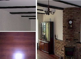 Images showing laminate flooring, ceiling beams and fireplace.