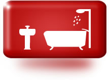 Red icon with white line art drawing of a bathroom suite