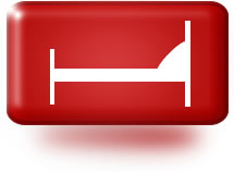 Red icon with white line art drawing of a bed