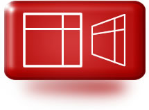 Red icon with white line art drawing of windows