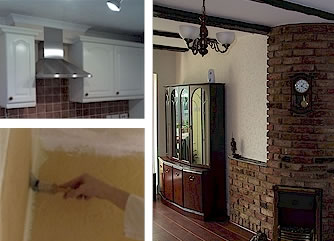 Painted kitchen cupboards, split paper, painter with brush