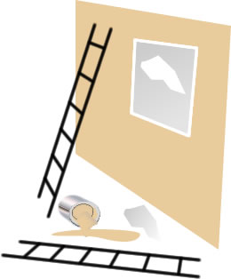 Graphic of fallen ladder, split paint and broken window
