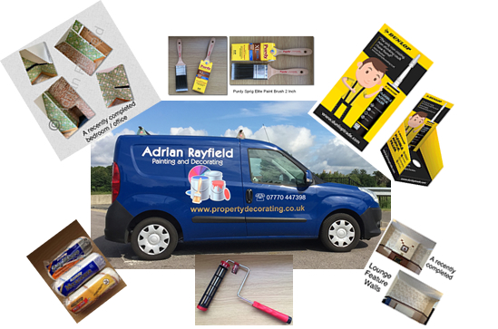 A selection of photos including a van, rollers and brushes and completed work